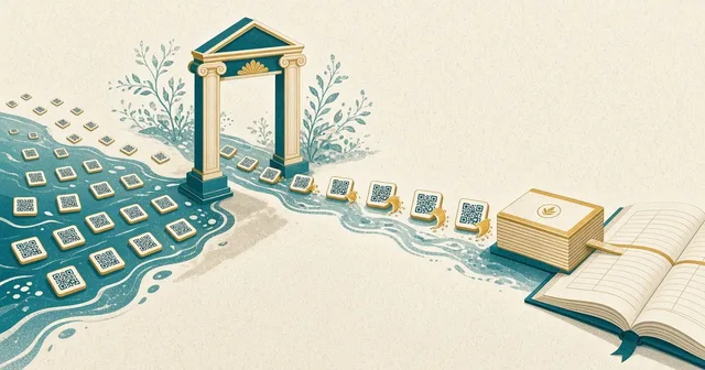 Editorial illustration: many small coins flowing untouched through a threshold gate while larger coins are trimmed slightly before entering a ledger.