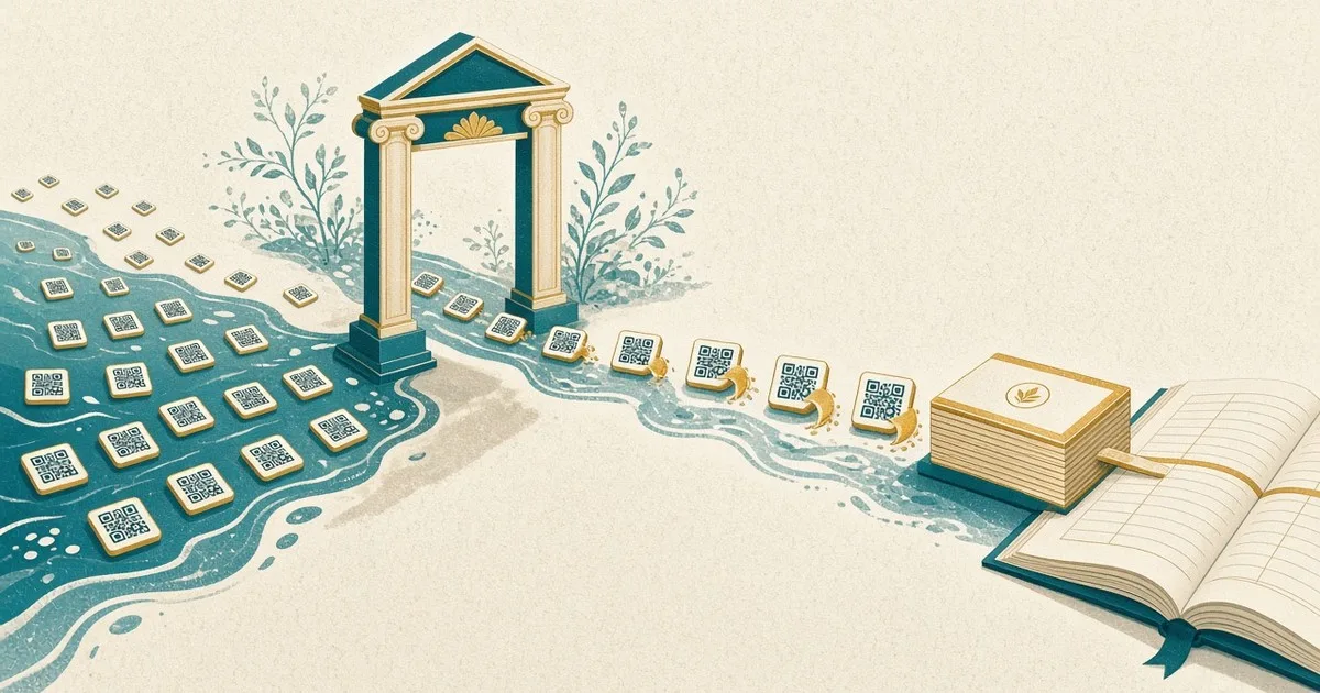 Ilustrasi editorial: banyak koin kecil mengalir tanpa potongan melewati sebuah gerbang ambang, sementara koin besar dipotong tipis sebelum masuk ke buku besar.